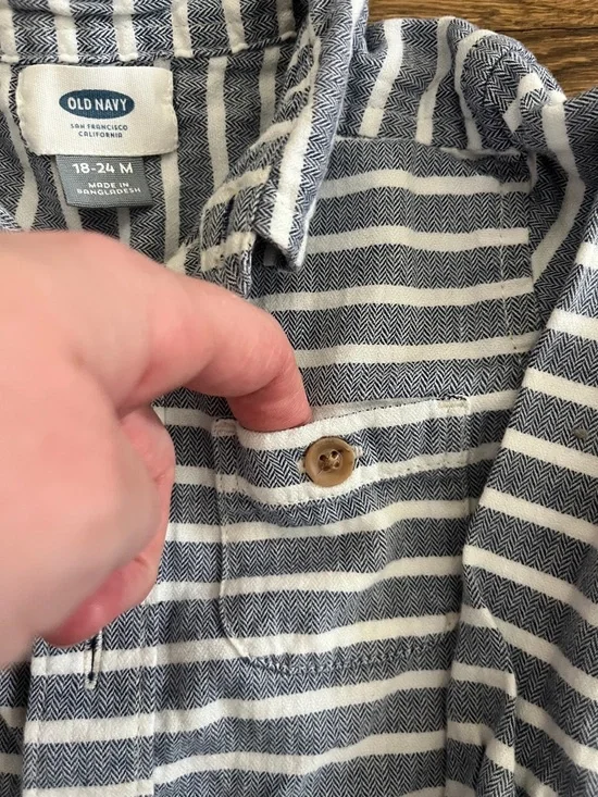 Old Navy Blue and White Striped Button-Up Shirt with Brown Elbow Patches - Picture 4 of 6